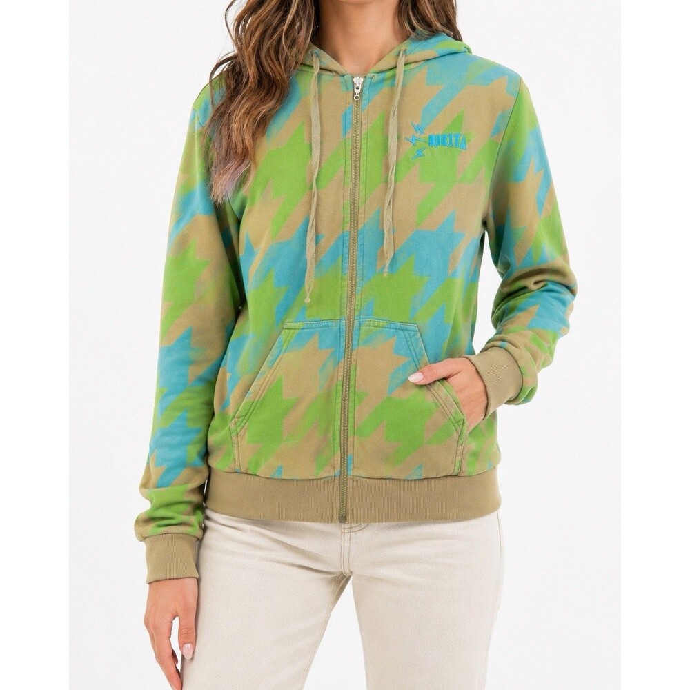 Nikita Zip Up Hoodie Women’s Medium Blue Green Beige Geometric Print 100% Cotton